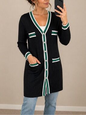 Dazy Ribbed Knit Long Cardigan Stripe Trim Button Front Black Small